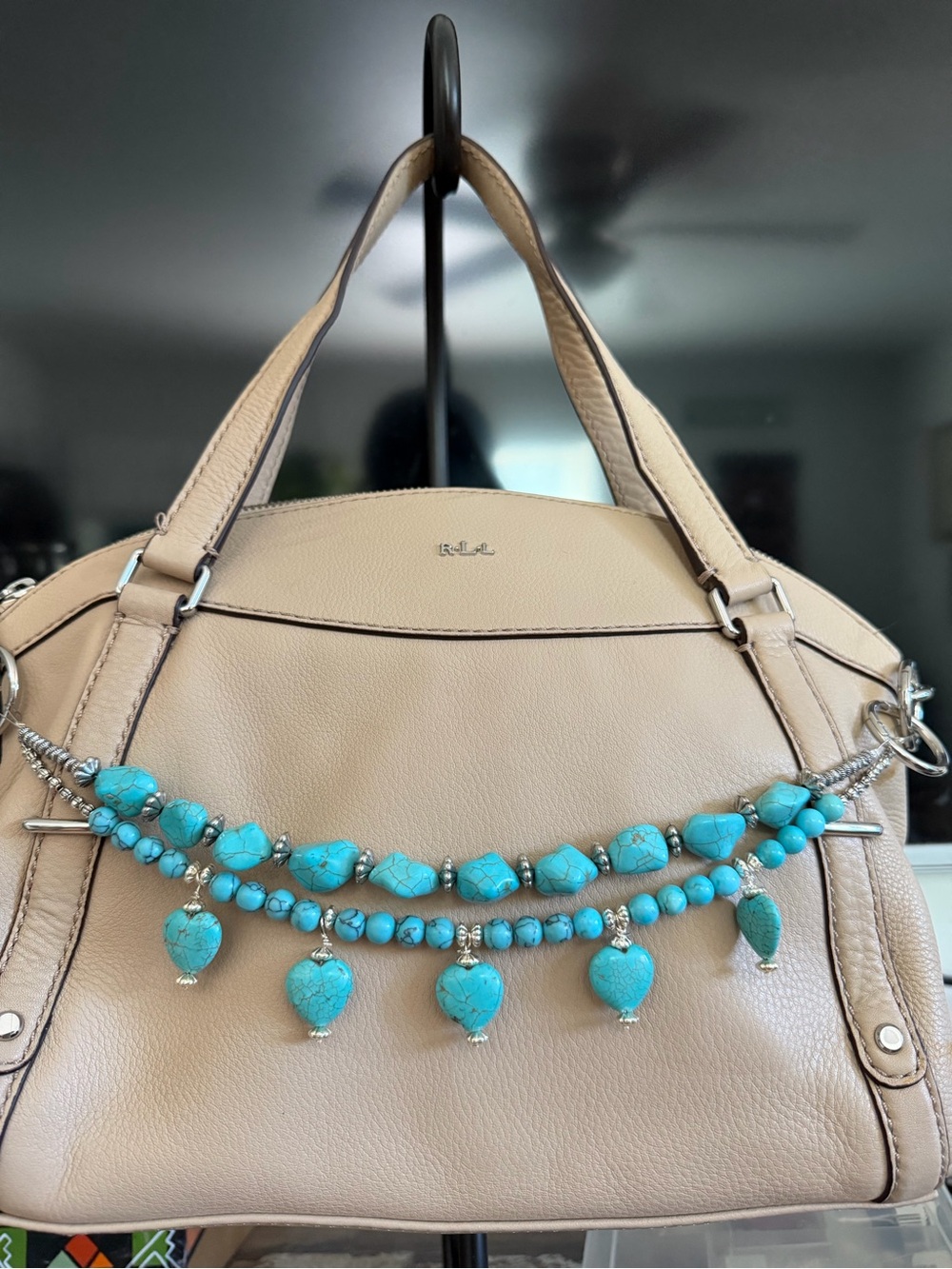 Ralph Lauren leather Beige Satchel with Turquoise Bead Charm